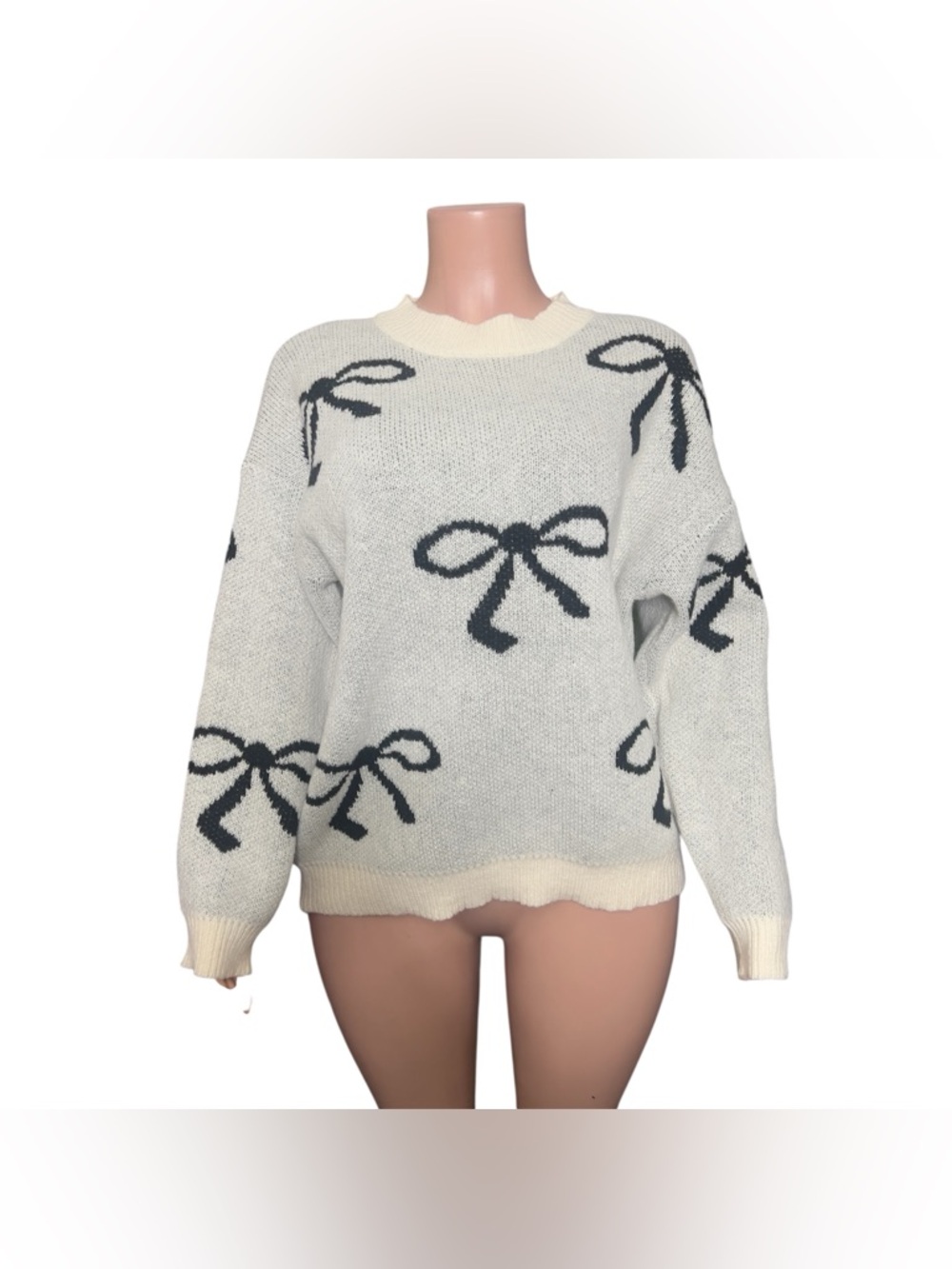 Pink Lily Cream Knit Sweater with Black Bow Motif - Picture 2 of 5